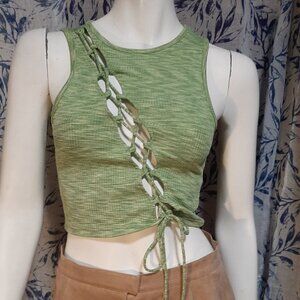 Divided Lace Up Cut Out Green Crop Top Size S